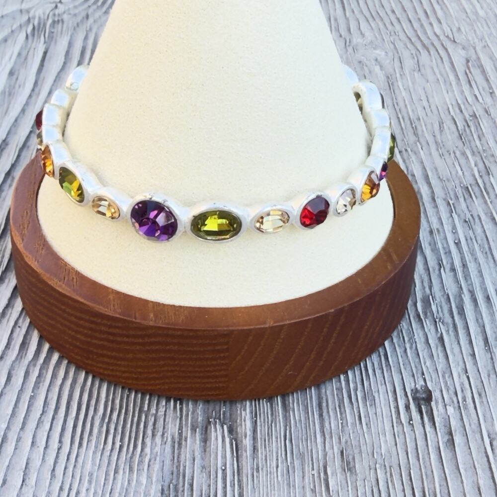 Silver Tone Bangle Bracelet Bezel Set Multicolor Oval Crystal Stones (145) - Picture 2 of 3